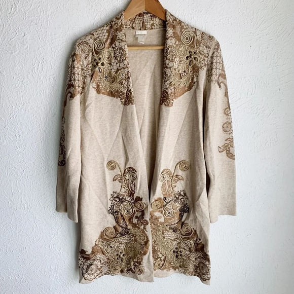 Chico’s Scroll-Lace Cardigan Jacket Cream Gold Sz 1 Medium - Picture 3 of 8